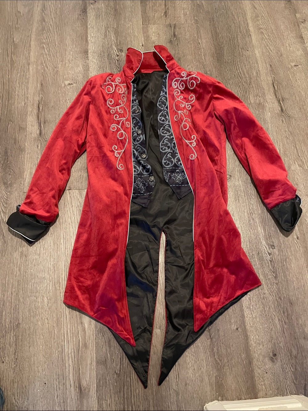 Men's Red Embroidered Tailcoat Jacket with Contrast Lining
